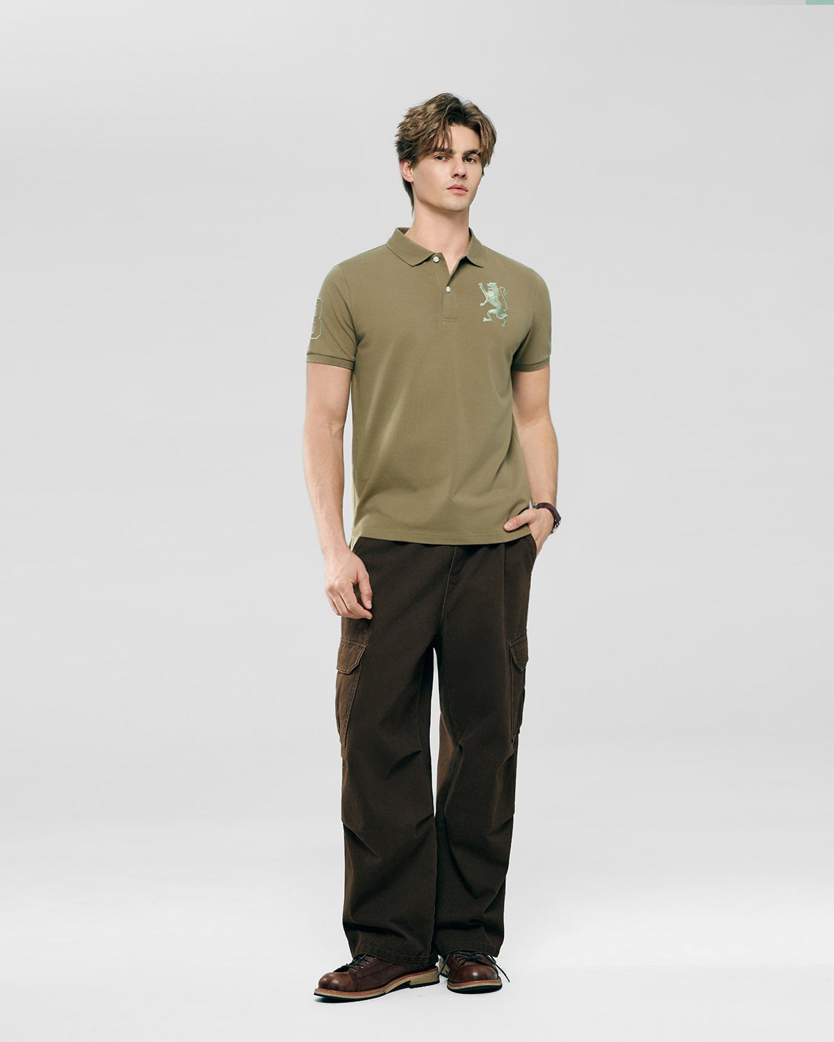Men's Slim Fit 3D Lion Embroidery Lycra Pique Polo - Image 1
