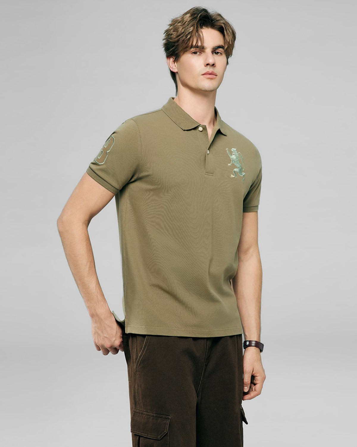 Men's Slim Fit 3D Lion Embroidery Lycra Pique Polo - Image 2