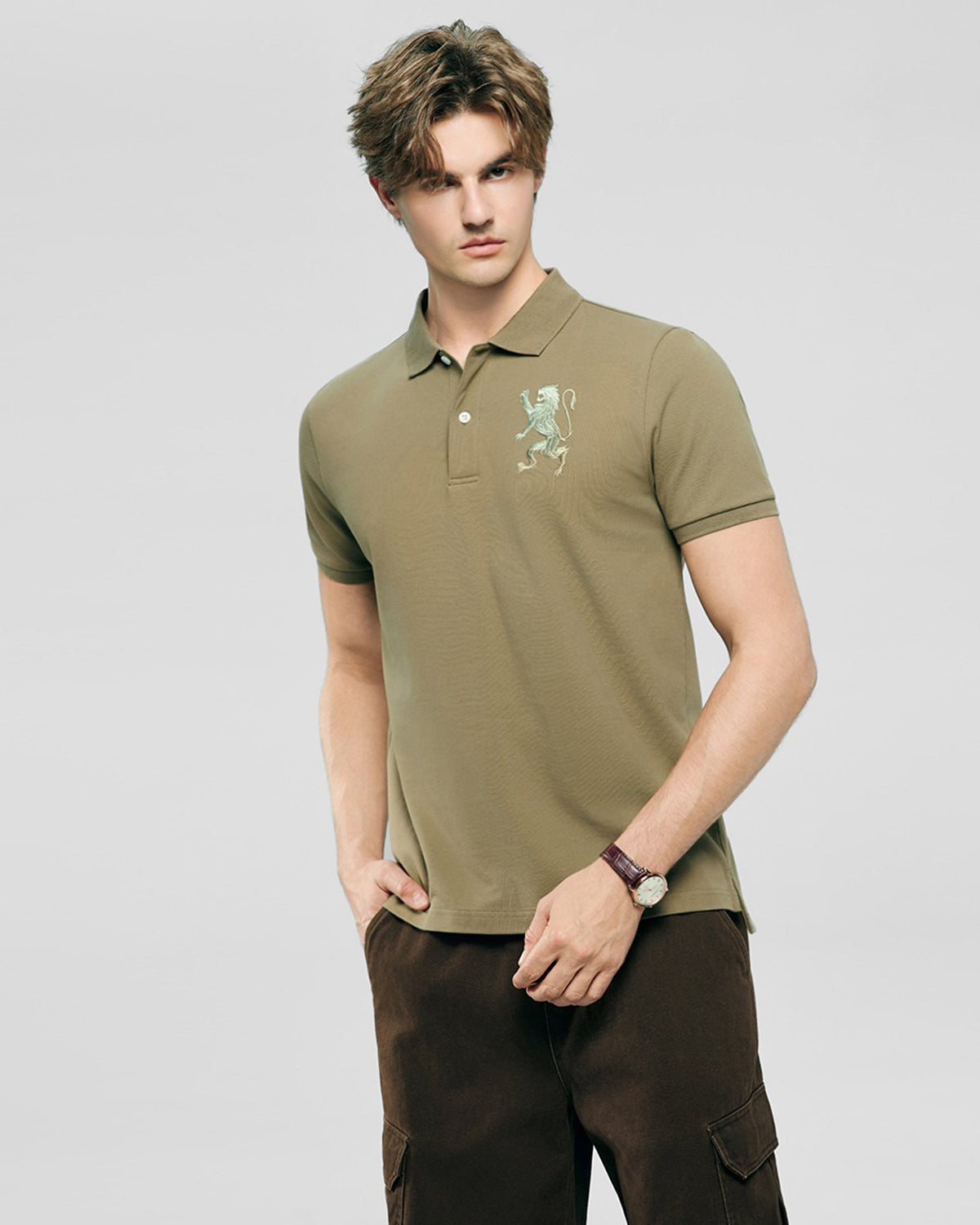Men's Slim Fit 3D Lion Embroidery Lycra Pique Polo - Image 3