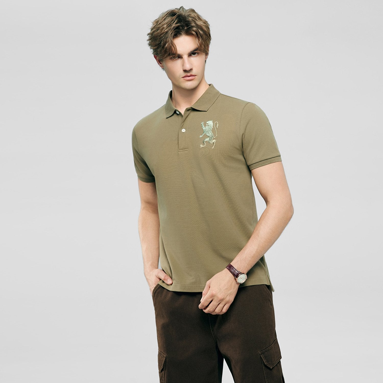 Men's Slim Fit 3D Lion Embroidery Lycra Pique Polo - Image 3