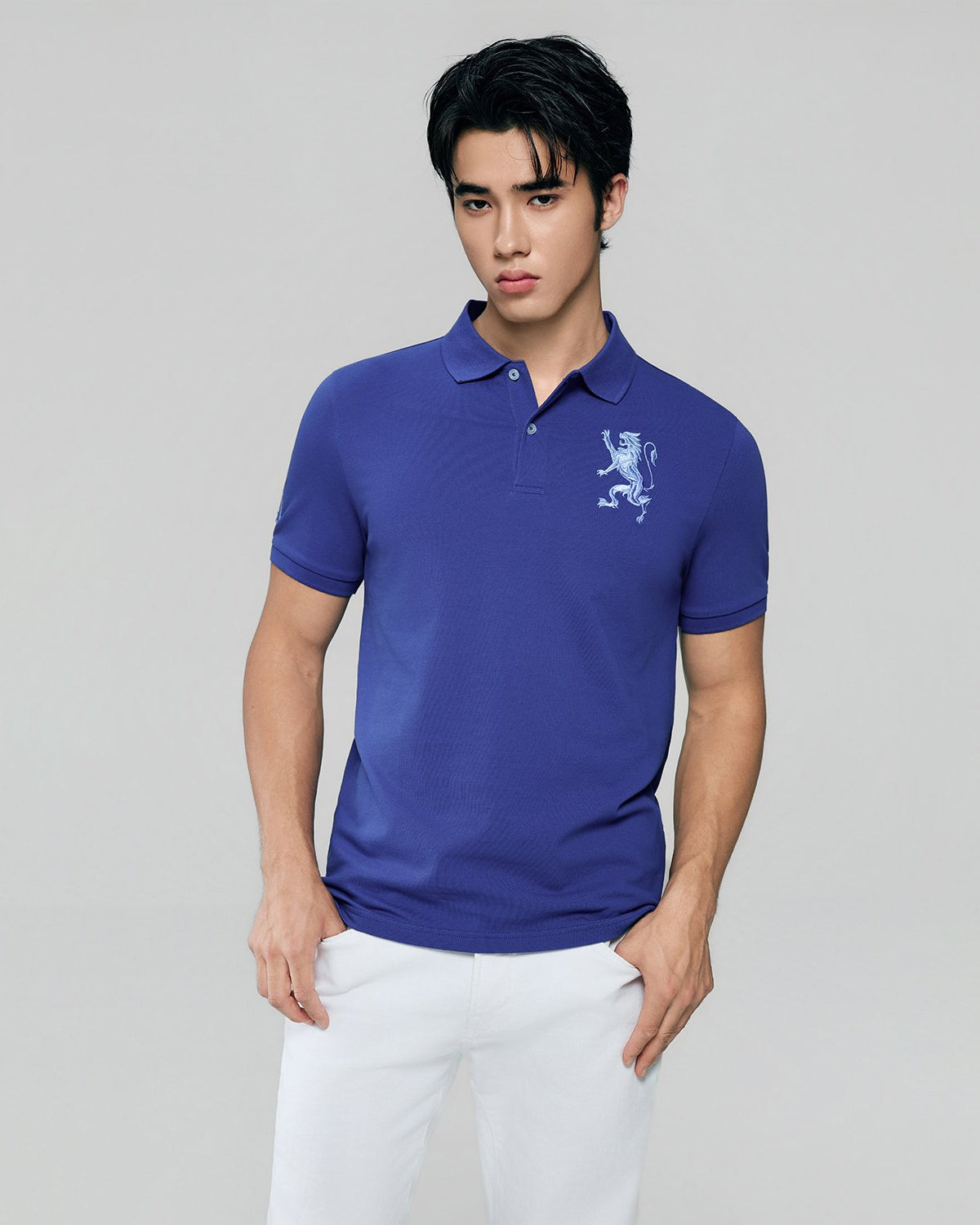 Men's Slim Fit 3D Lion Embroidery Lycra Pique Polo - Image 2