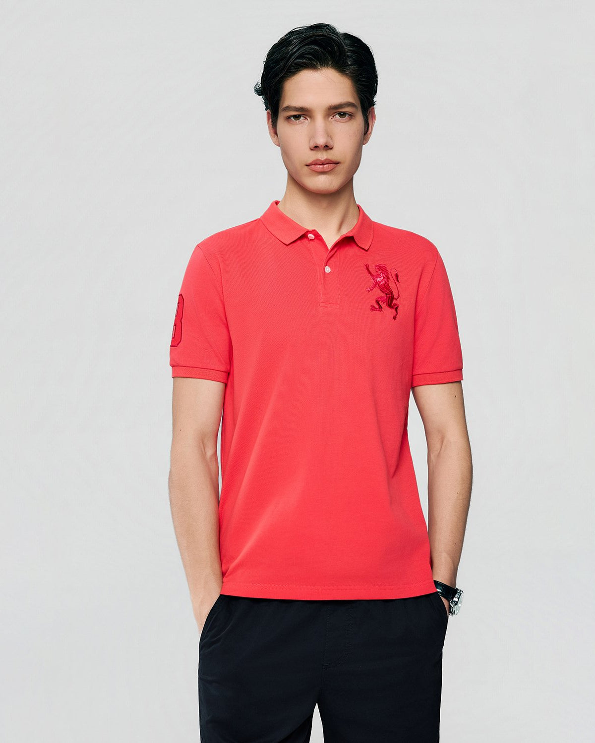 Men's Slim Fit 3D Lion Embroidery Lycra Pique Polo - Image 3