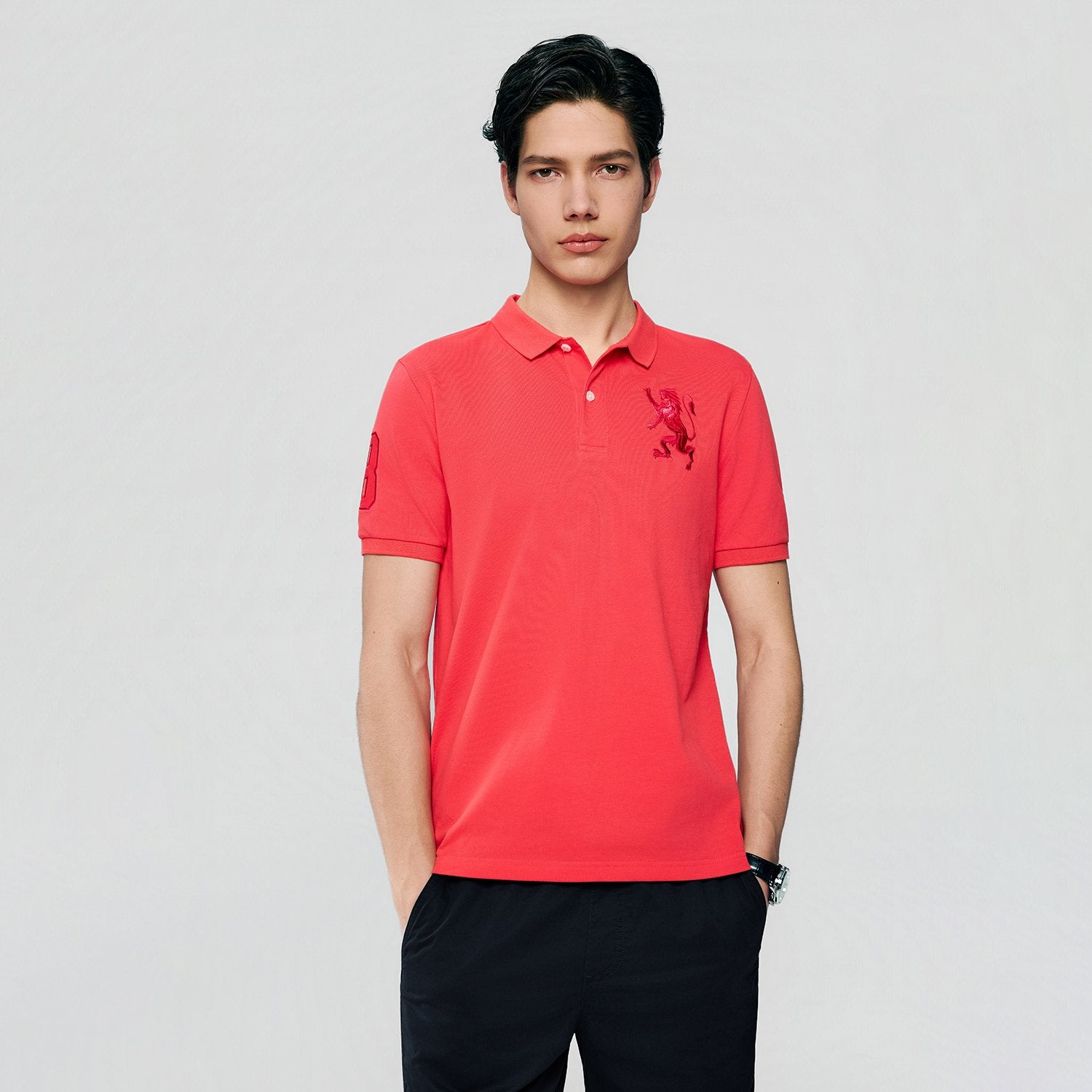 Men's Slim Fit 3D Lion Embroidery Lycra Pique Polo - Image 3
