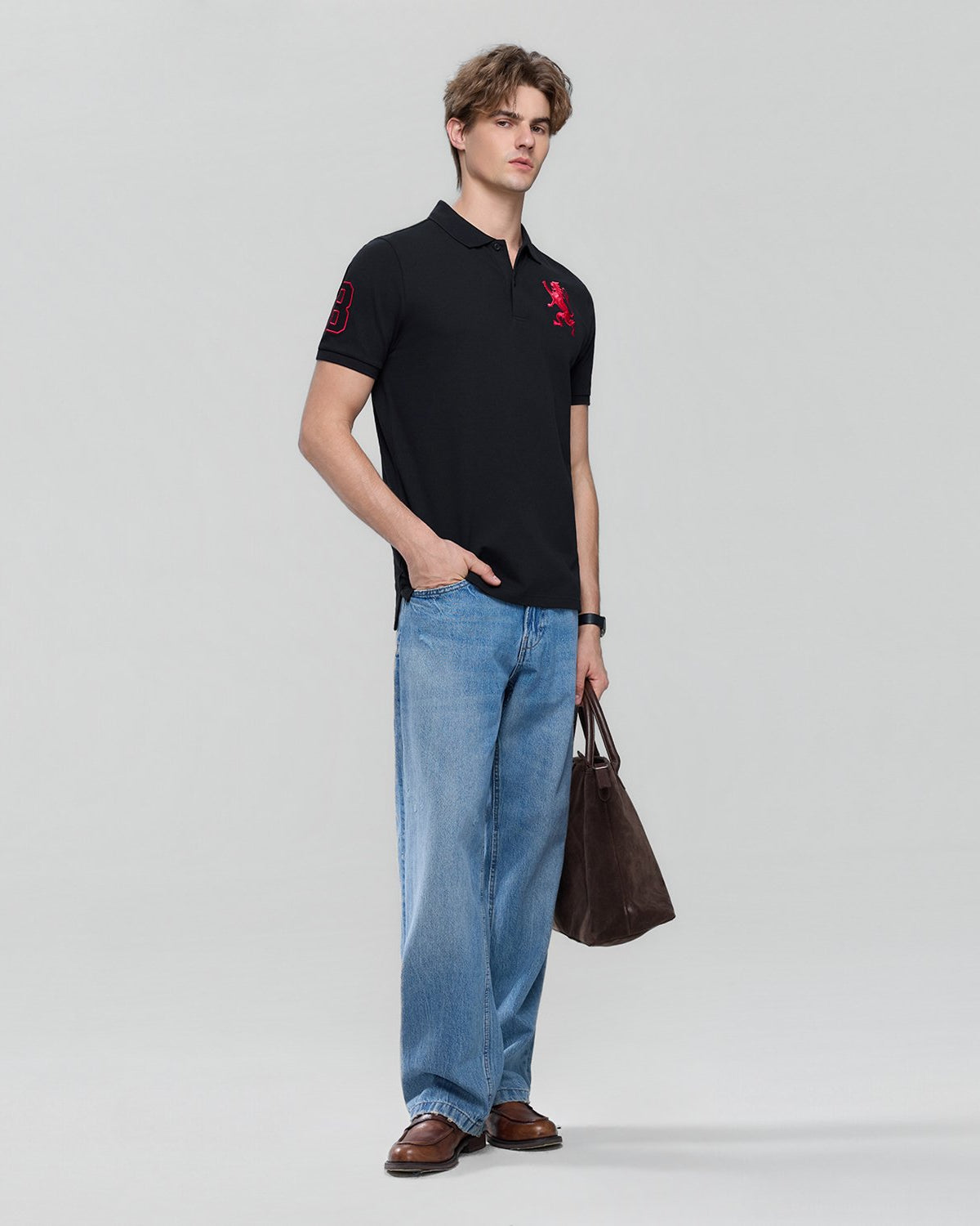 Men's Slim Fit 3D Lion Embroidery Lycra Pique Polo - Image 1