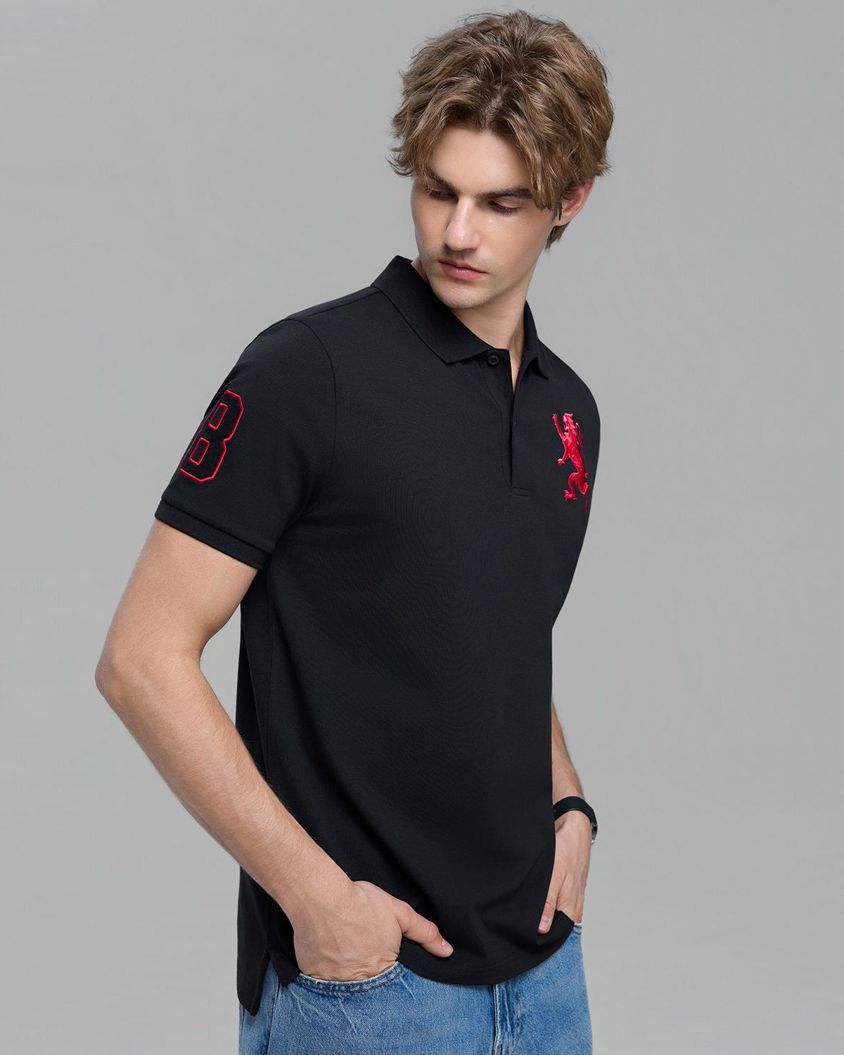 Men's Slim Fit 3D Lion Embroidery Lycra Pique Polo - Image 2