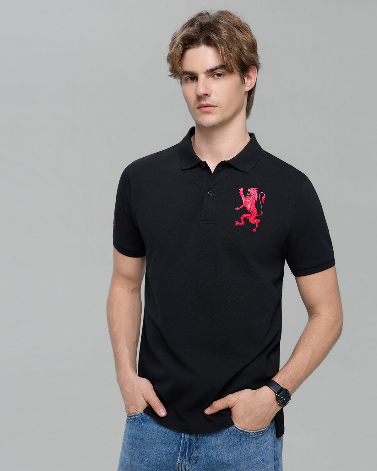 Men's Slim Fit 3D Lion Embroidery Lycra Pique Polo - Image 3