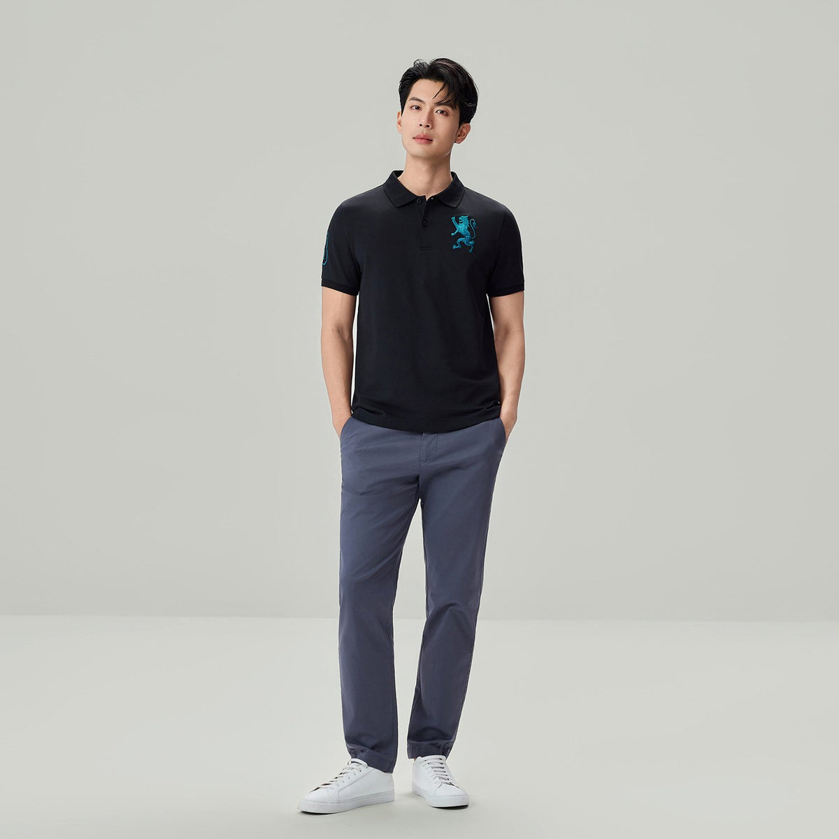 Men's Slim Fit 3D Lion Embroidery Lycra Pique Polo - Image 1
