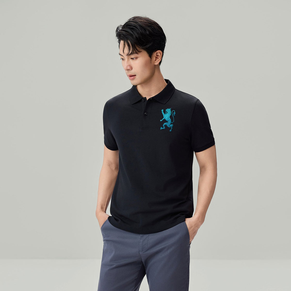 Men's Slim Fit 3D Lion Embroidery Lycra Pique Polo - Image 3