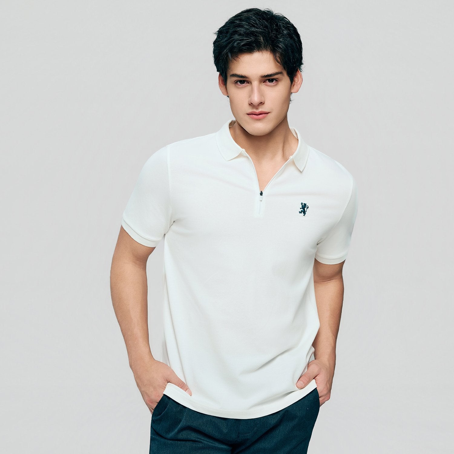 Men's Knit Collar Short Sleeve Slim Fit Zipper Polo - Image 5