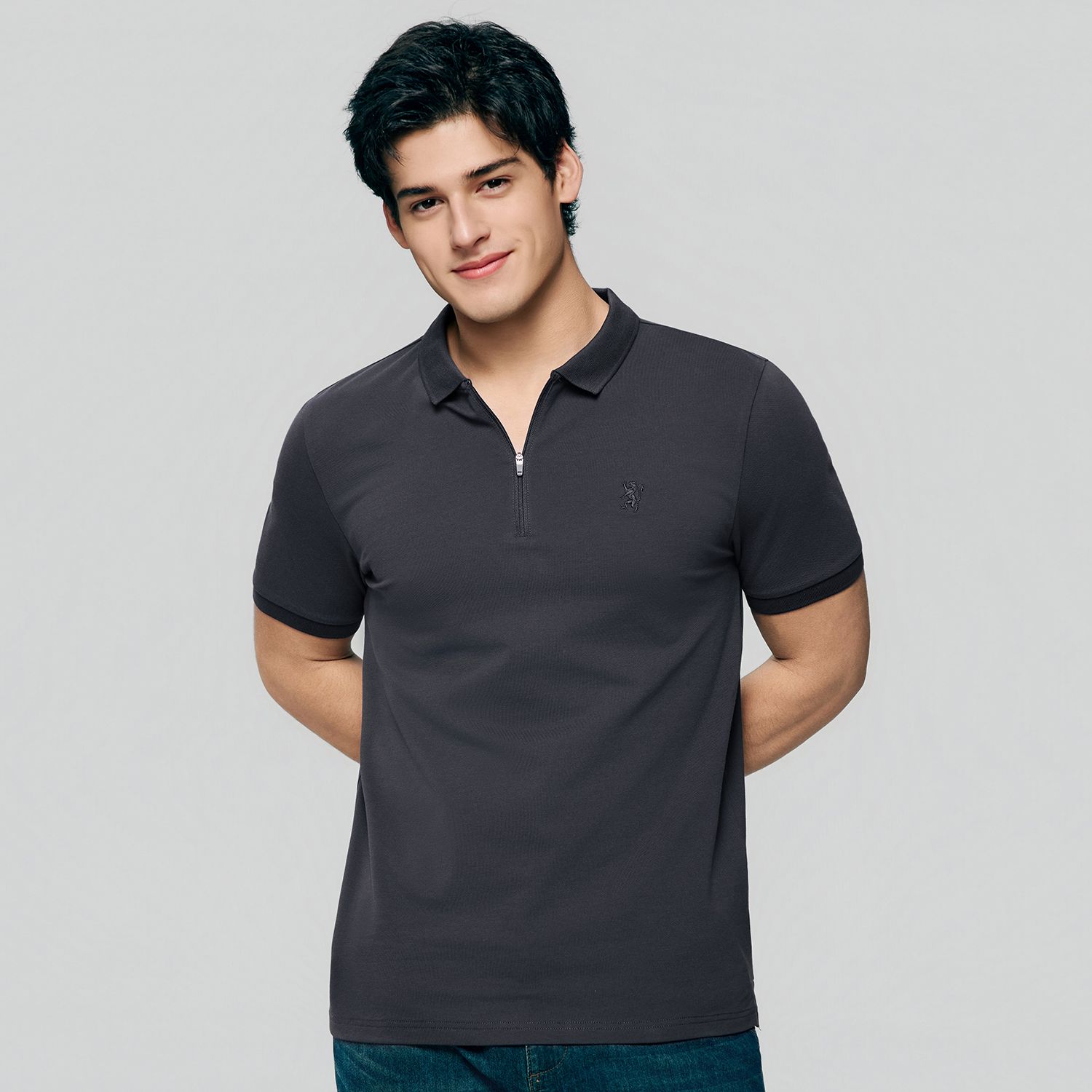 Men's Knit Collar Short Sleeve Slim Fit Zipper Polo - Image 4