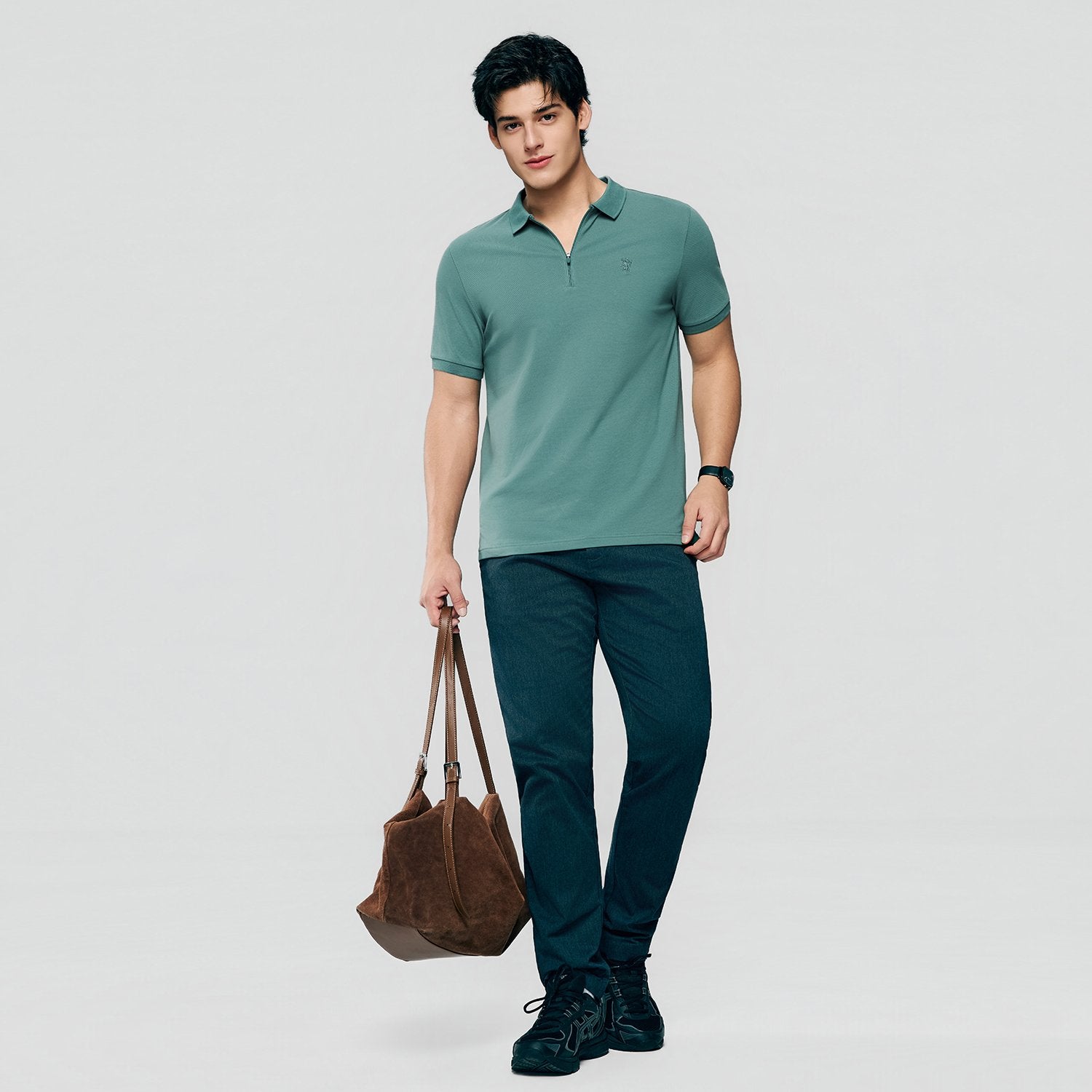 Men's Knit Collar Short Sleeve Slim Fit Zipper Polo - Image 2