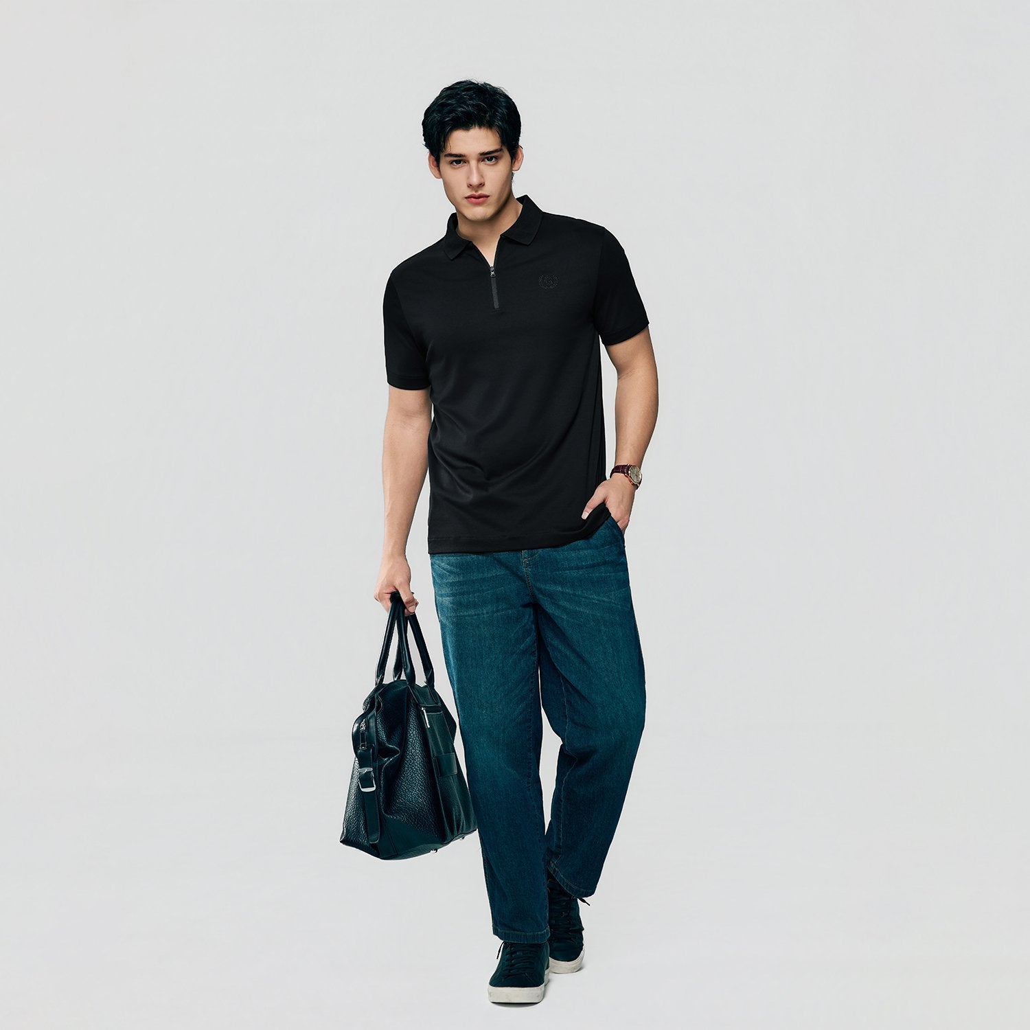 Men's Interlock Knit Collar Regular Half Zip Solid Polo - Image 2
