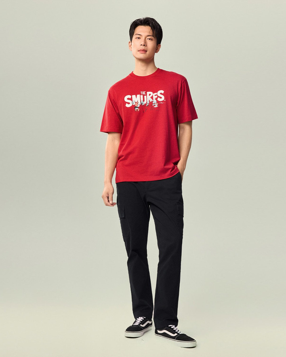 Men's Relaxed Fit Long Sleeve Smurfs Print Crew Neck Tee - Image 1