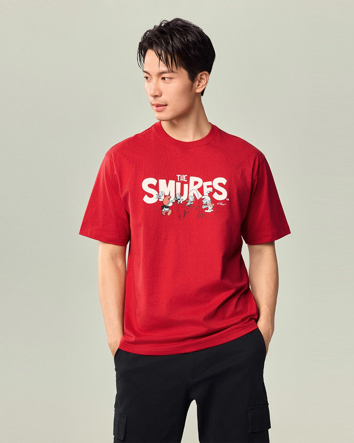 Men's Relaxed Fit Long Sleeve Smurfs Print Crew Neck Tee - Image 3