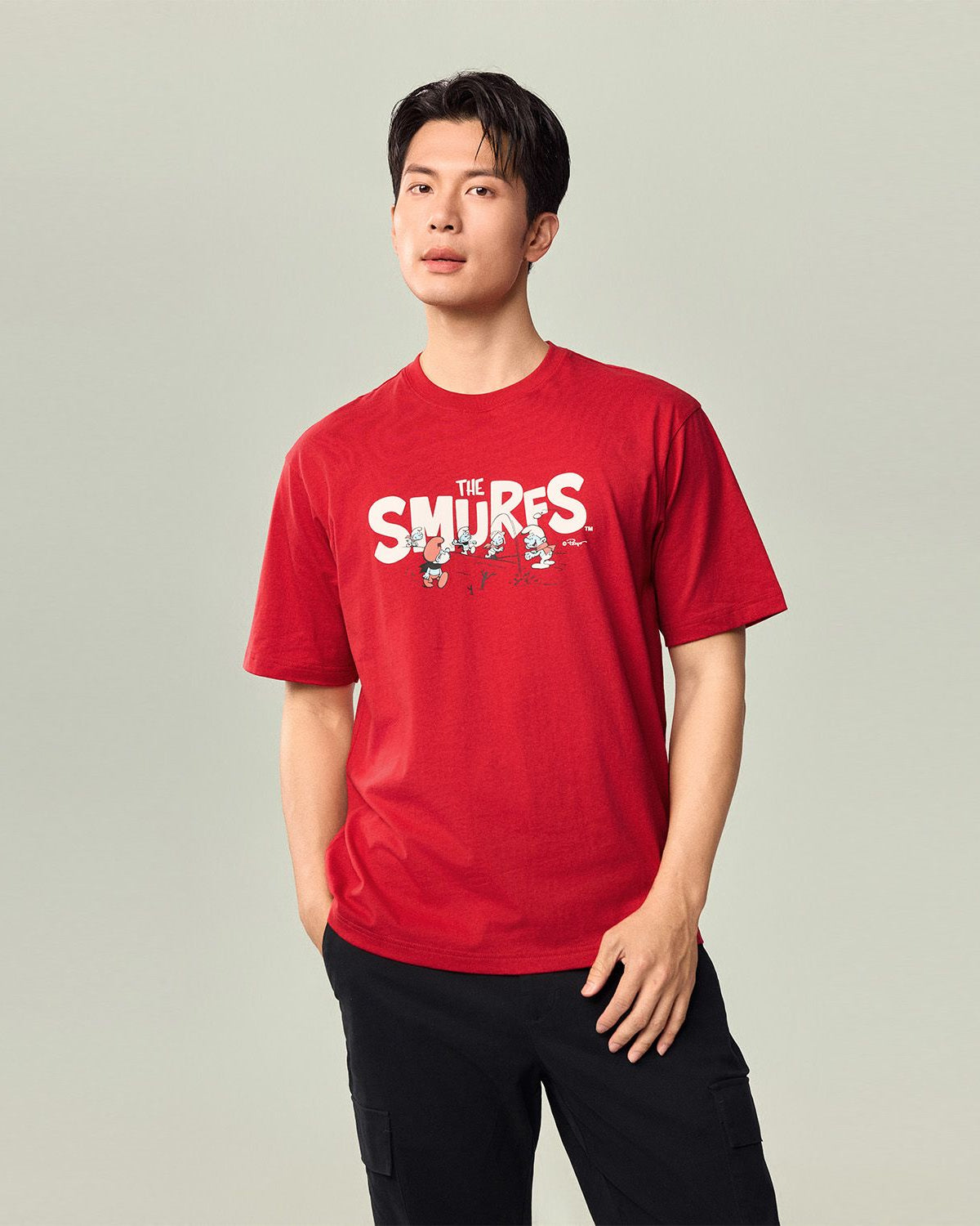 Men's Relaxed Fit Long Sleeve Smurfs Print Crew Neck Tee - Image 5