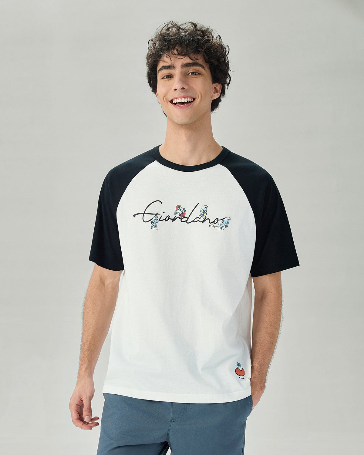 Men's Relaxed Fit Raglan Sleeve Smurfs Print Crew Neck Tee - Image 2