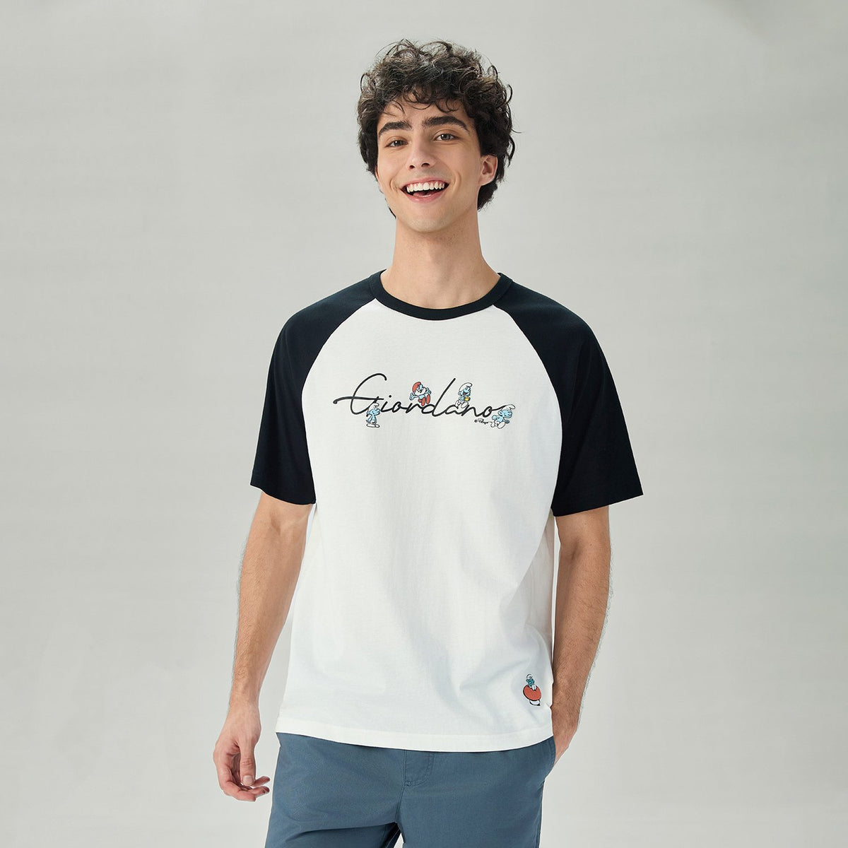 Men's Relaxed Fit Raglan Sleeve Smurfs Print Crew Neck Tee - Image 2