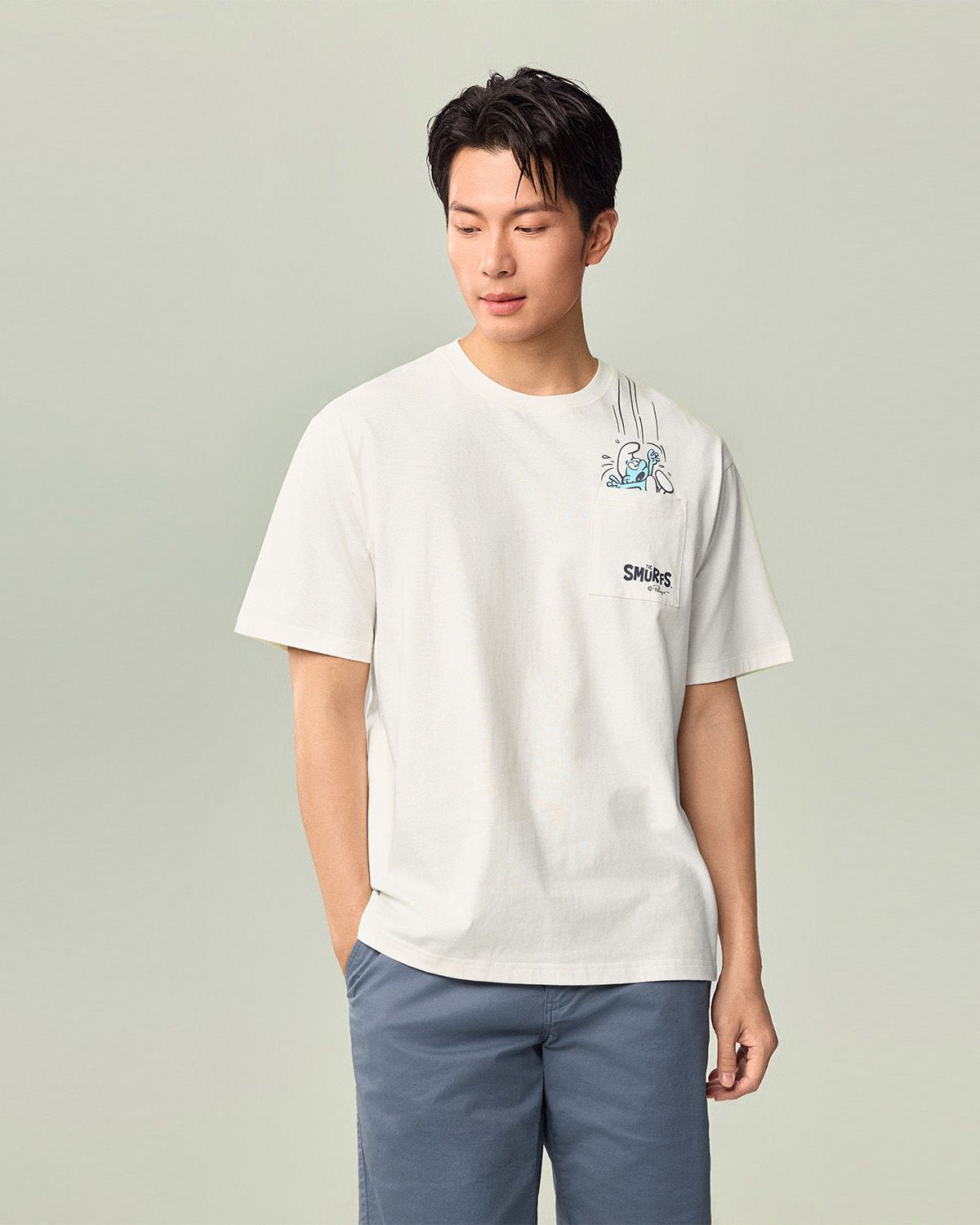 Men's Relaxed Fit Smurfs Pocket Print Crew Neck Tee - Image 2