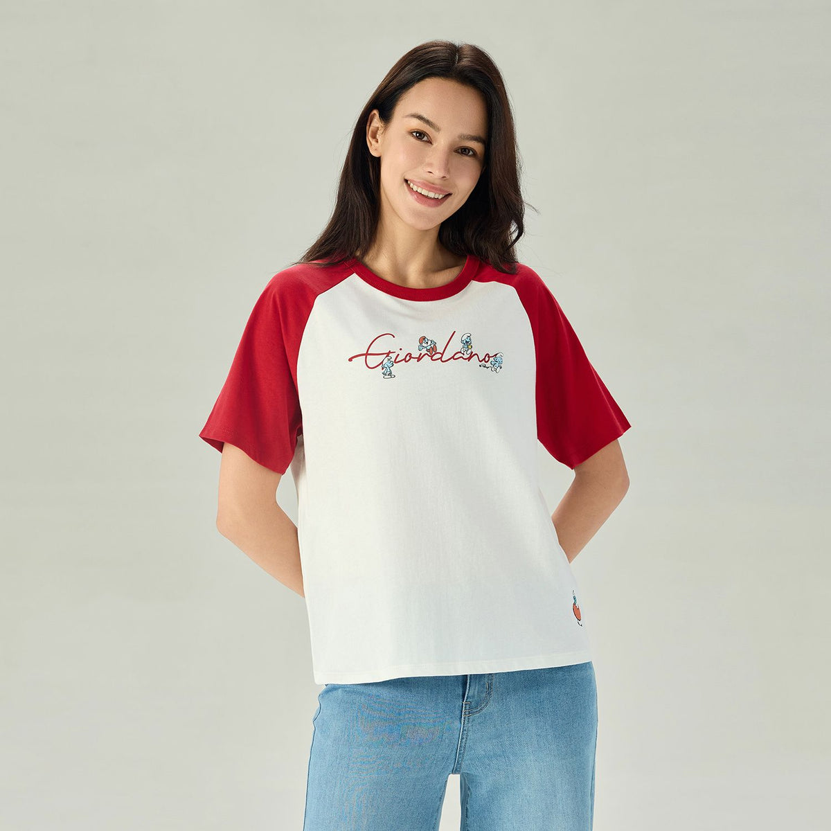 Women's Comfort Fit Raglan Sleeve Smurfs Print Crew Neck Tee - Image 2