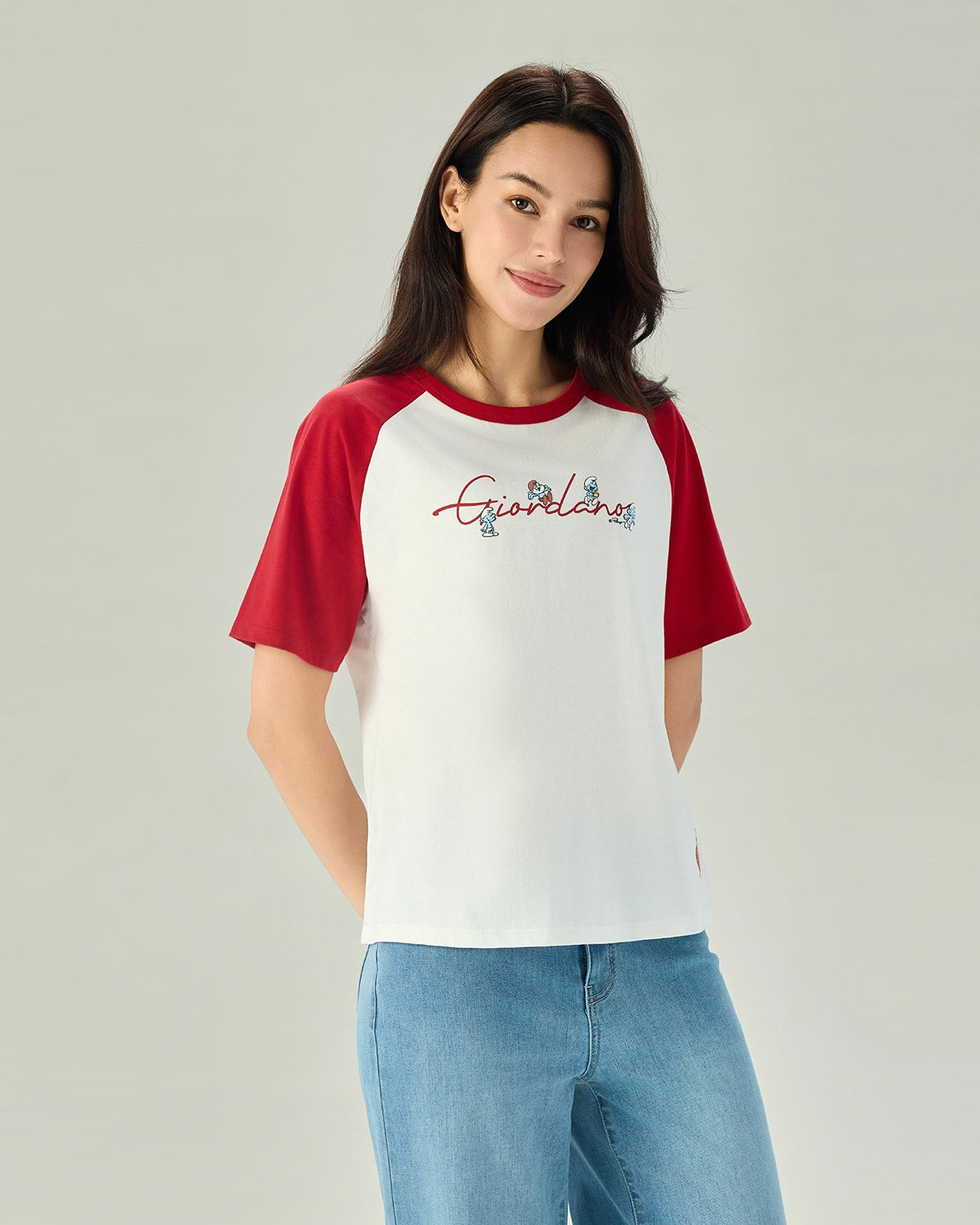 Women's Comfort Fit Raglan Sleeve Smurfs Print Crew Neck Tee - Image 3