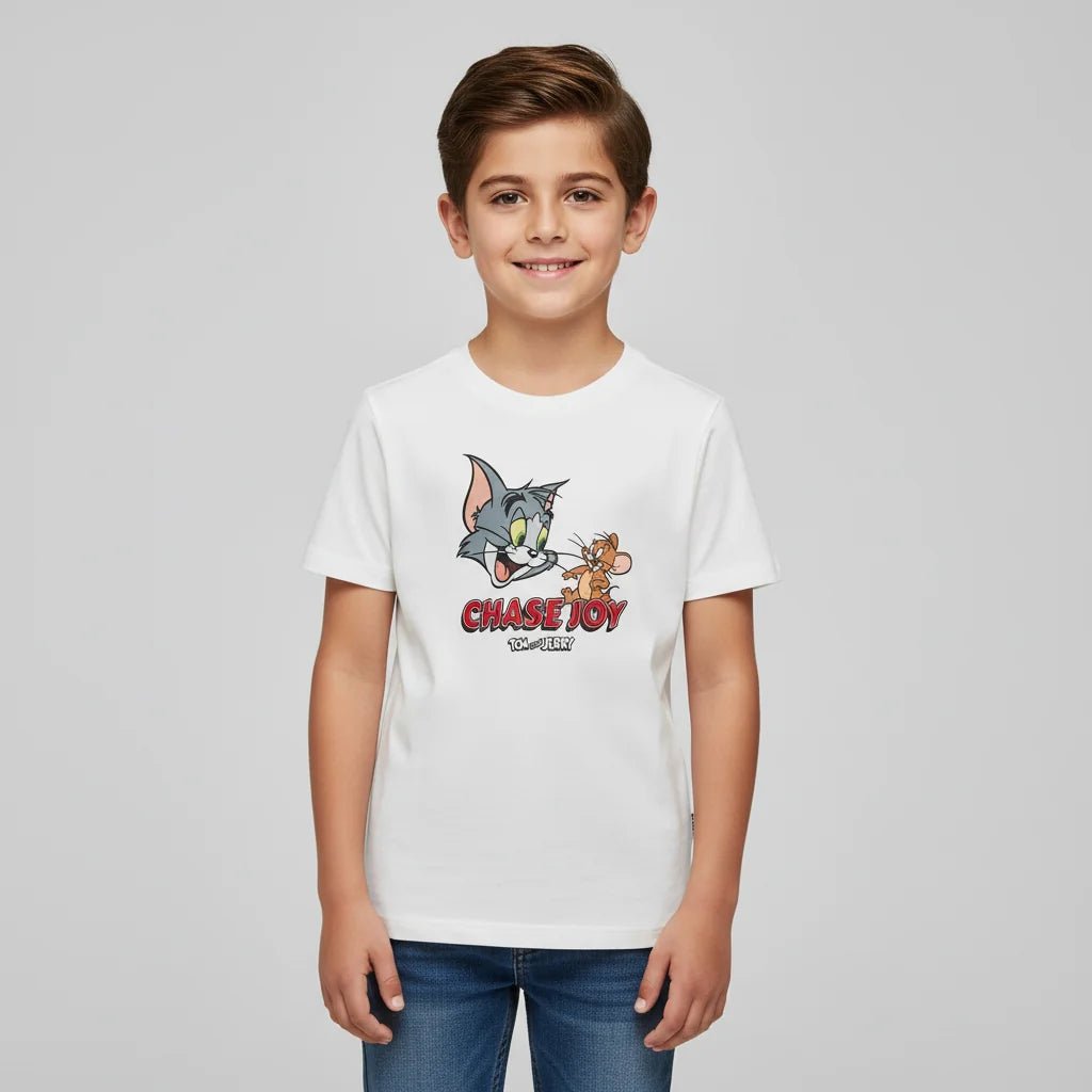 Junior Regular Fit Cotton Print Tee - Tom & Jerry - White - Giordano Online
