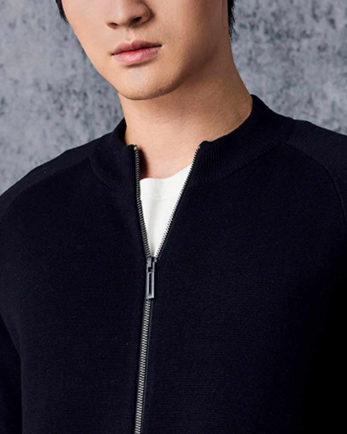 Men's Cotton - Acrylic Texture Stitch Mock Neck Raglan Cardigan - Black - Giordano