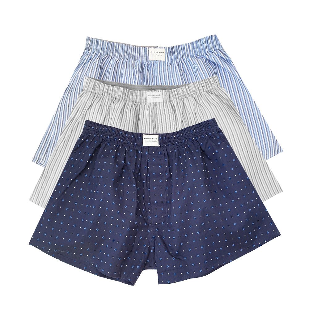 Men's Cotton Poplin Boxers - 3 Pack - Blue - Giordano Online