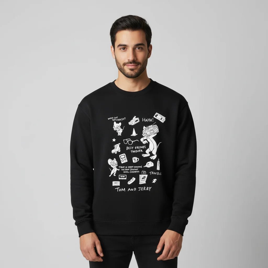 Men’s French Terry Relaxed Fit Pullover - Tom & Jerry - Black - Giordano Online