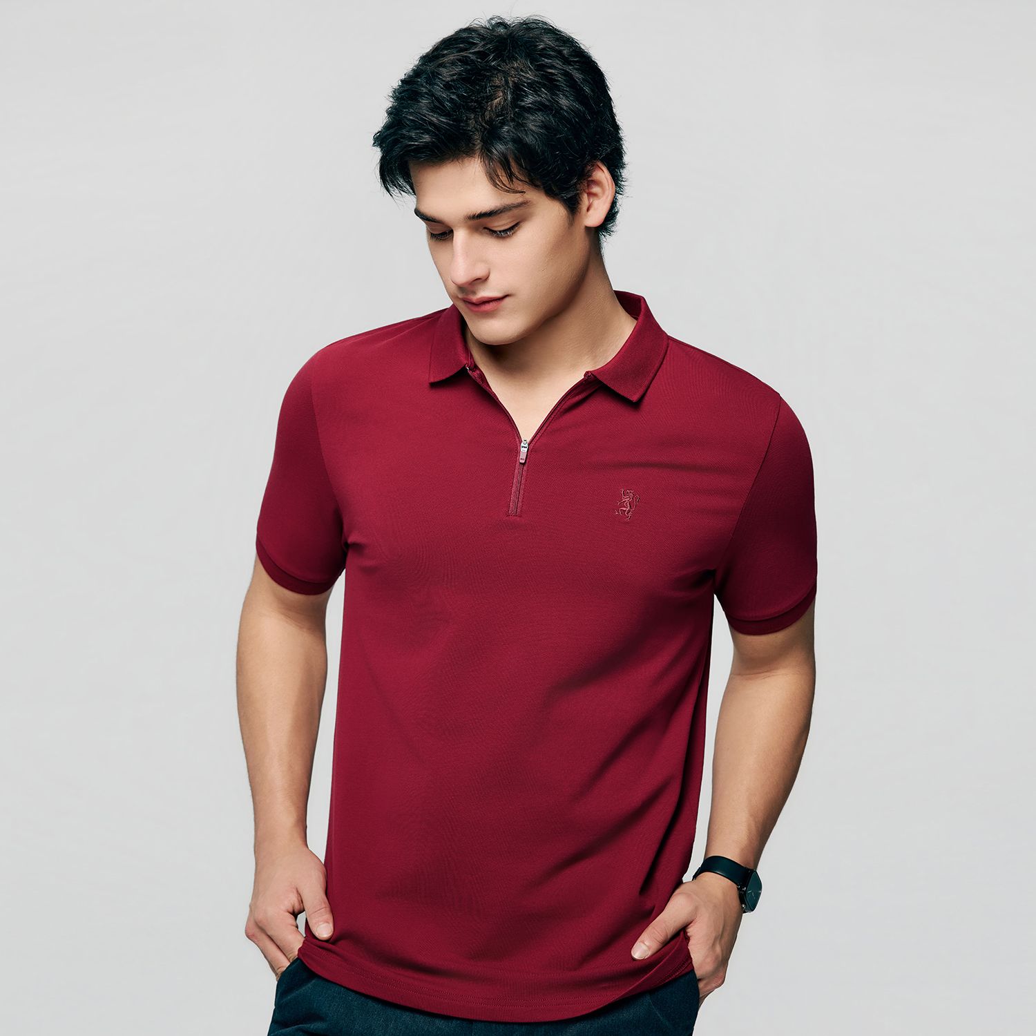 Men's Knit Collar Short Sleeve Slim Fit Zipper Polo - Giordano Online