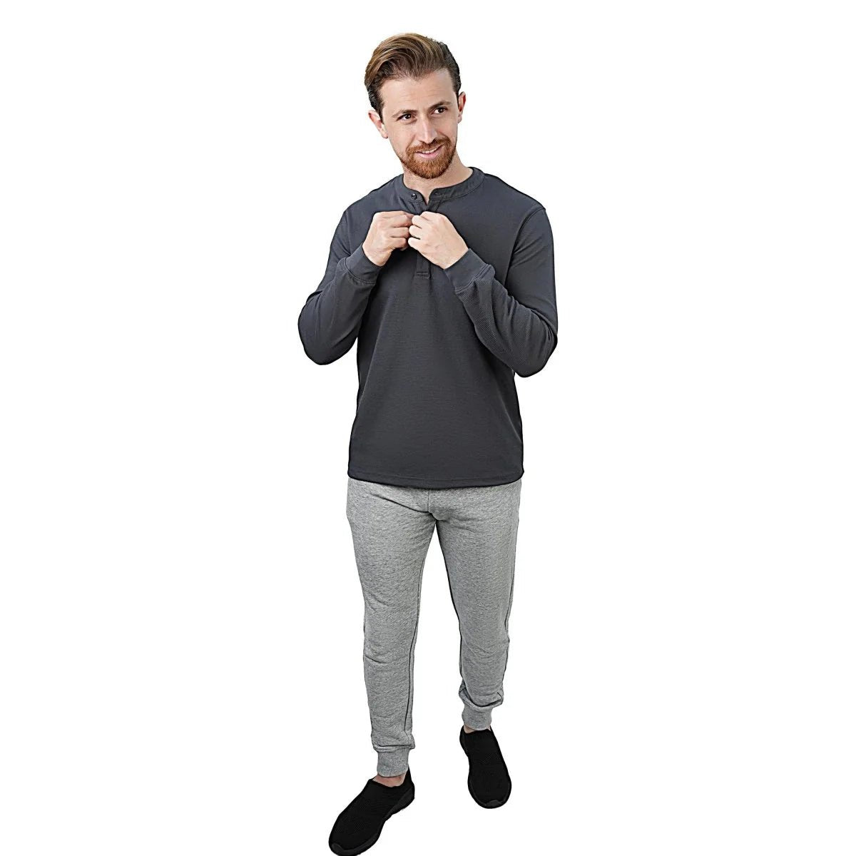 Men's Long Sleeve Stretch Waffle Henley Tee - Giordano Online