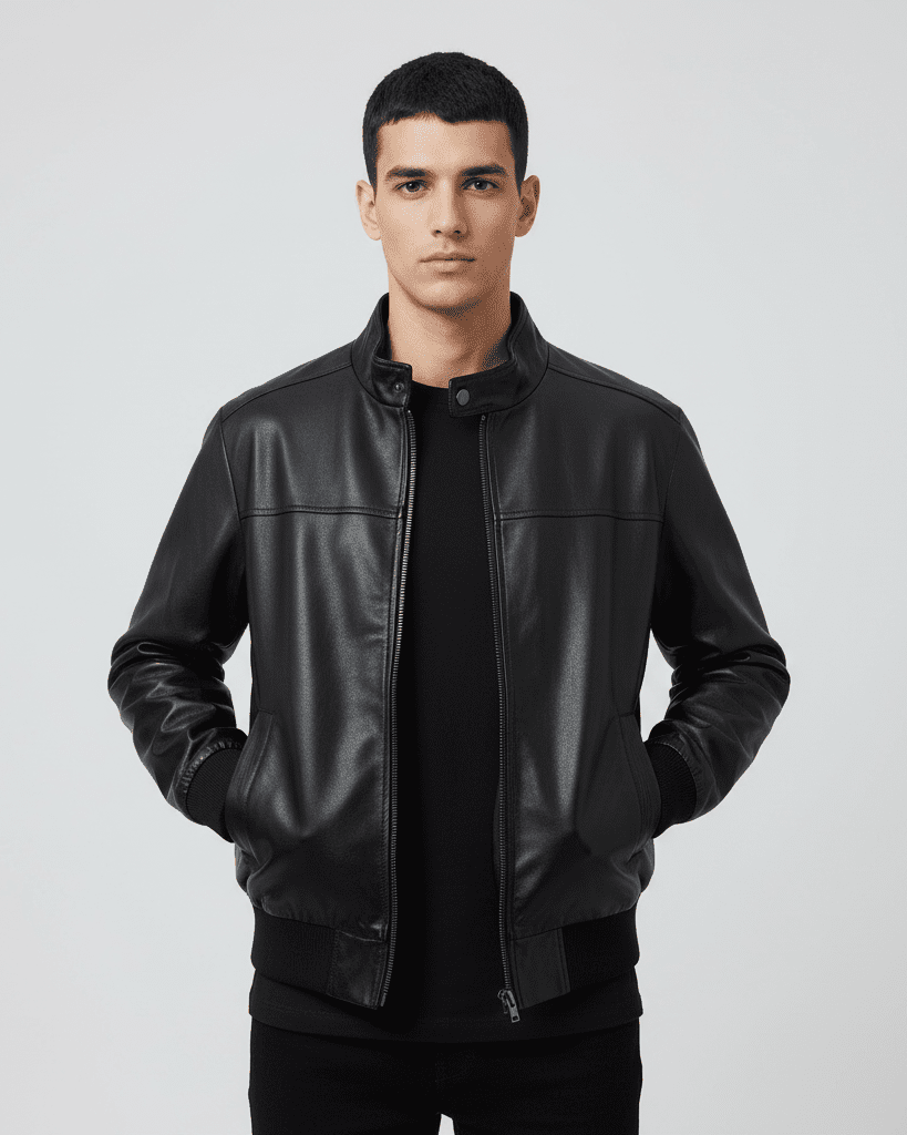 Men's Regular Fit Leather Jacket - Black - Giordano Online