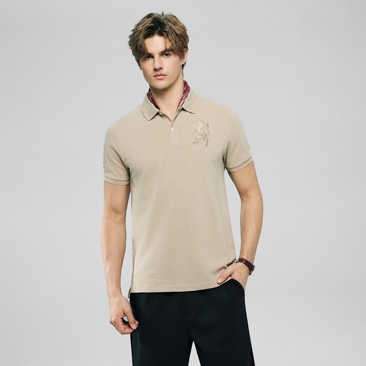 Men’s Slim Fit 3D Lion Embroidery Lycra Pique Polo - Giordano Online