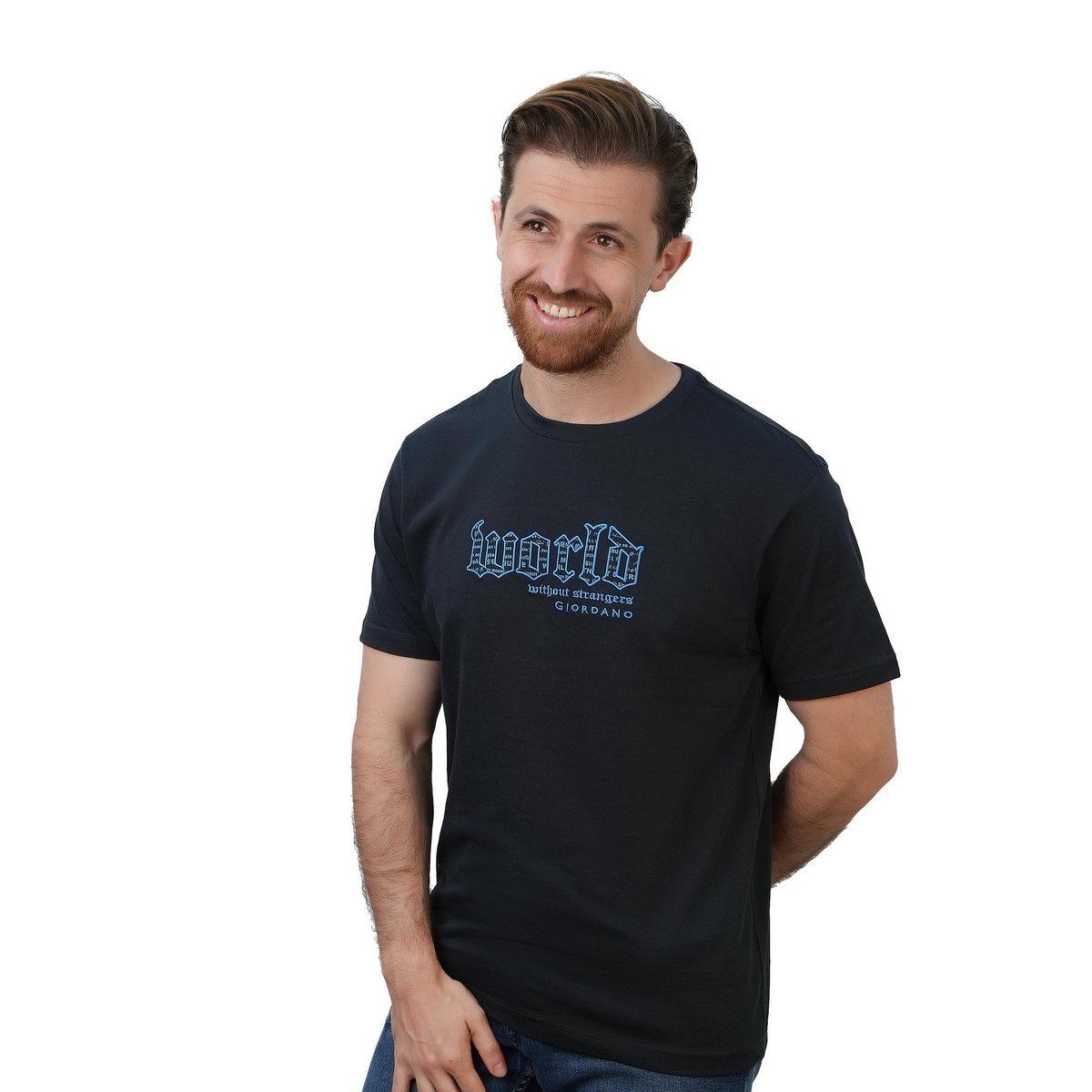 Men's Slim Fit Cotton Jersey Crew Neck Print Tee | WWS Graphic - Blue - Giordano Online