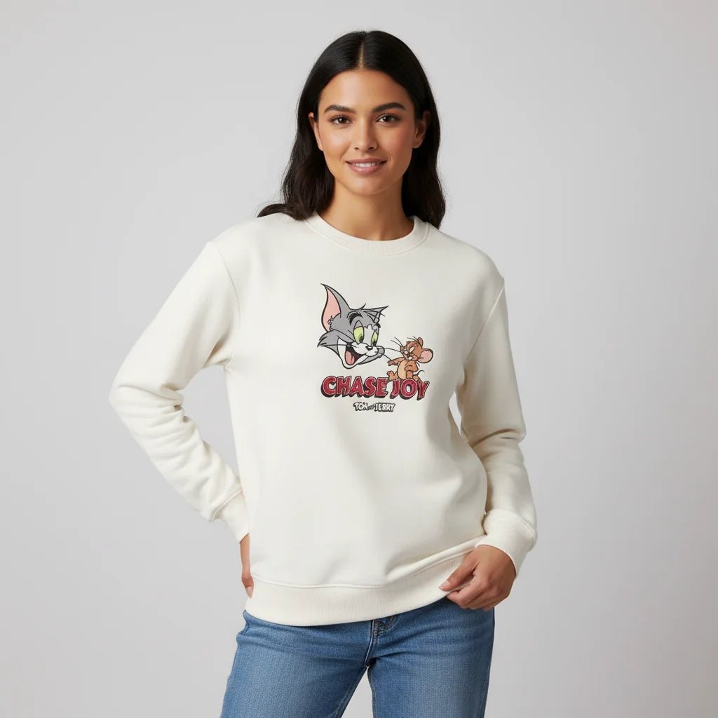 Women’s French Terry Long Sleeve Crew Neck Sweatshirt – Tom & Jerry - White - Giordano Online