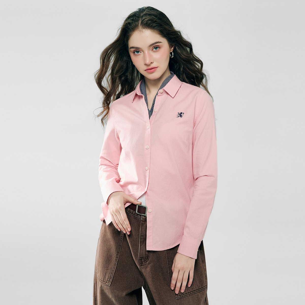 Women's Oxford Long Sleeve Embroidery Shirt - Giordano Online