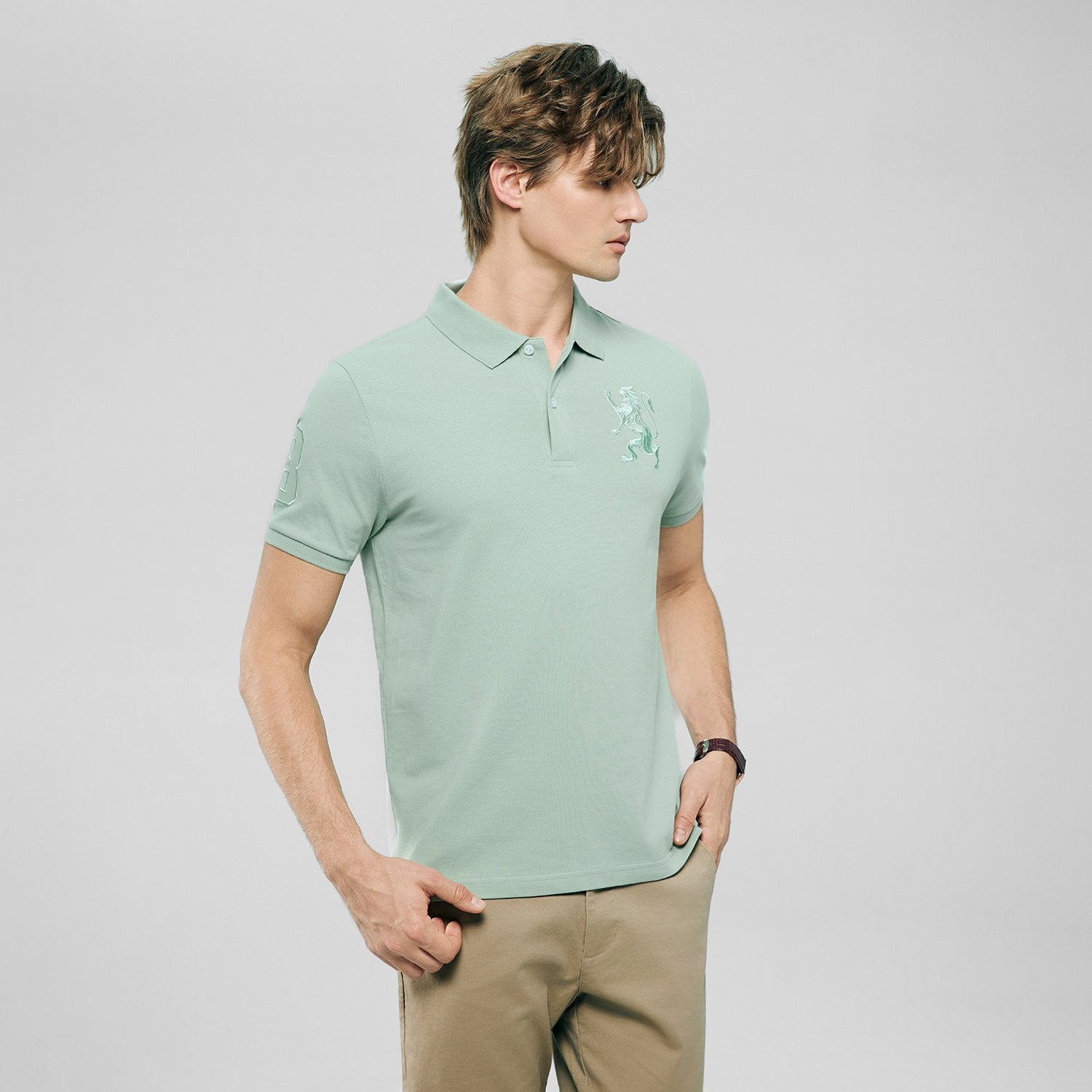 Men's Slim Fit 3D Lion Embroidery Lycra Pique Polo - Image 2