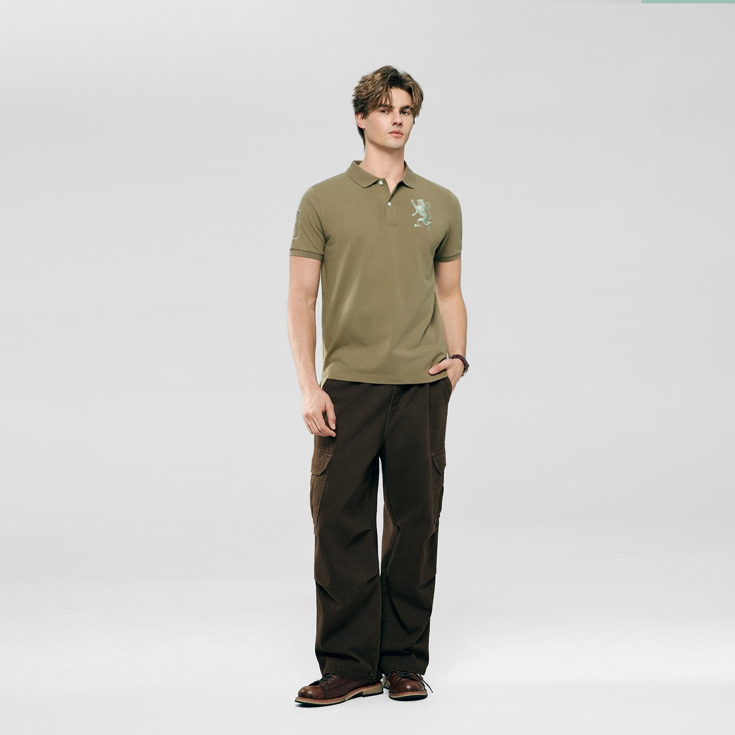 Men's Slim Fit 3D Lion Embroidery Lycra Pique Polo - Image 1