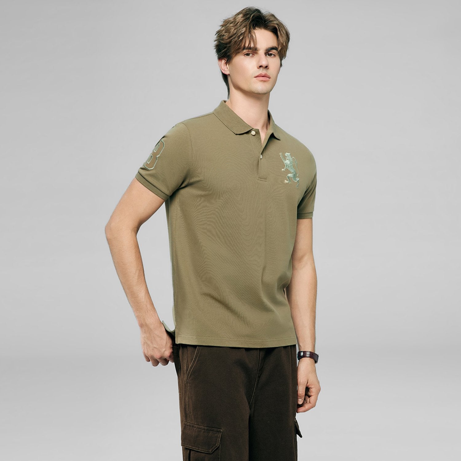Men's Slim Fit 3D Lion Embroidery Lycra Pique Polo - Image 2