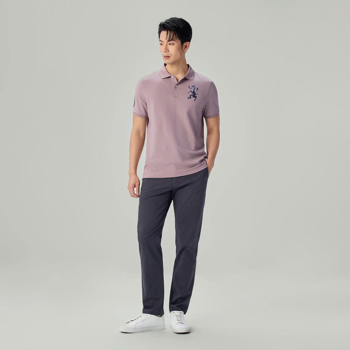 Men's Slim Fit 3D Lion Embroidery Lycra Pique Polo - Image 1