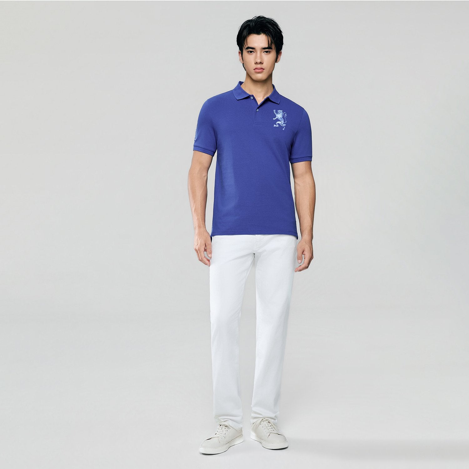 Men's Slim Fit 3D Lion Embroidery Lycra Pique Polo - Image 1