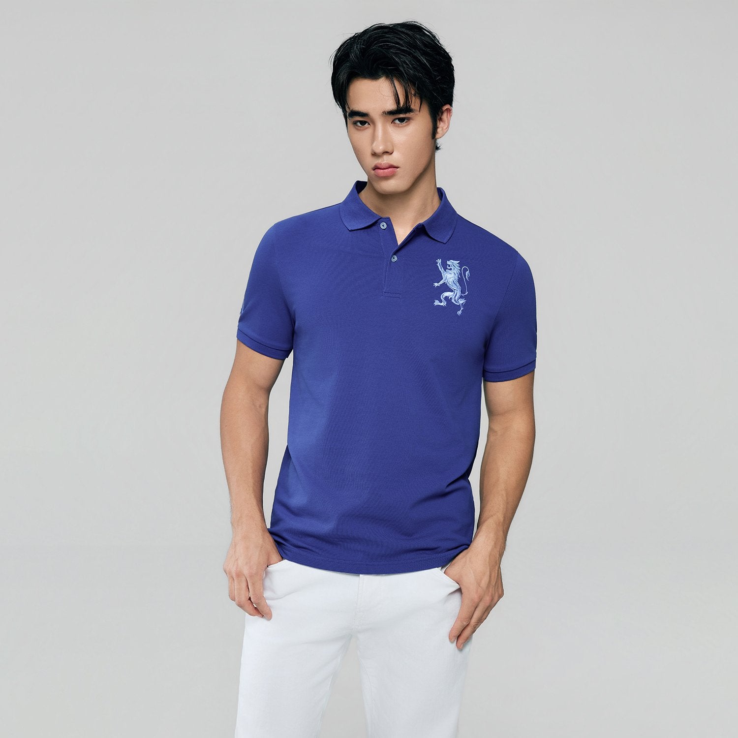 Men's Slim Fit 3D Lion Embroidery Lycra Pique Polo - Image 2