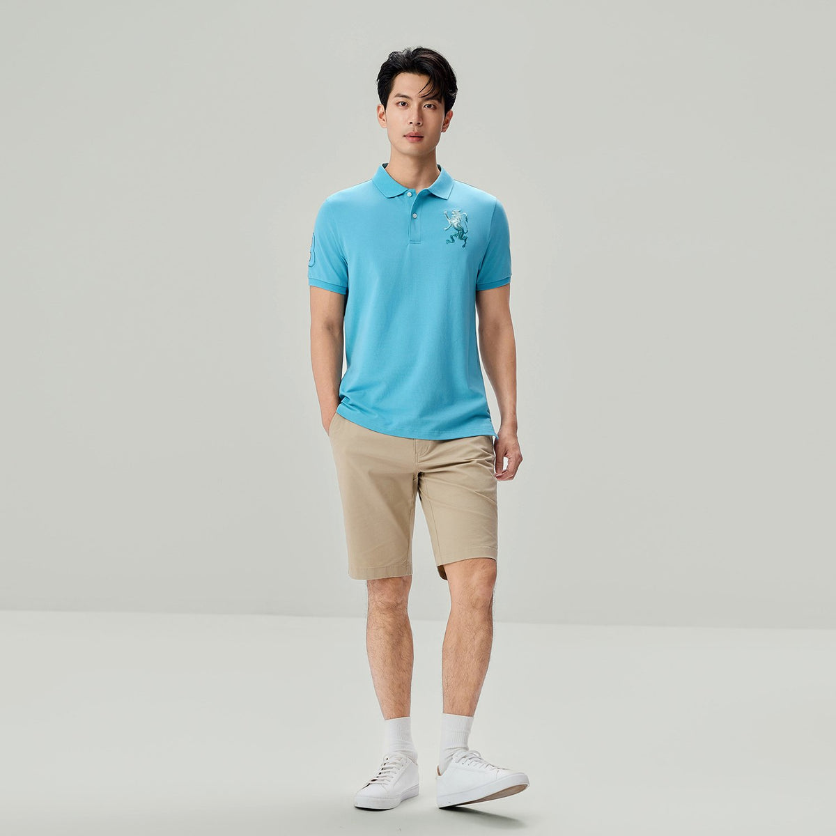 Men's Slim Fit 3D Lion Embroidery Lycra Pique Polo - Image 1