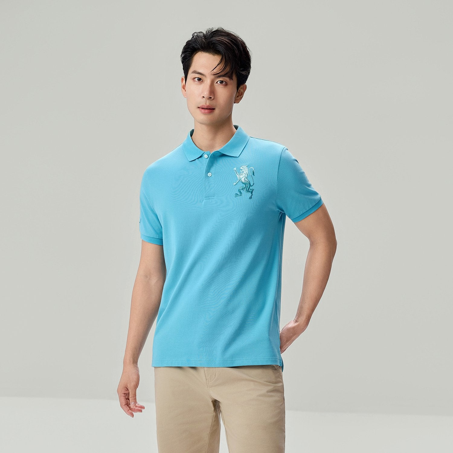 Men's Slim Fit 3D Lion Embroidery Lycra Pique Polo - Image 3