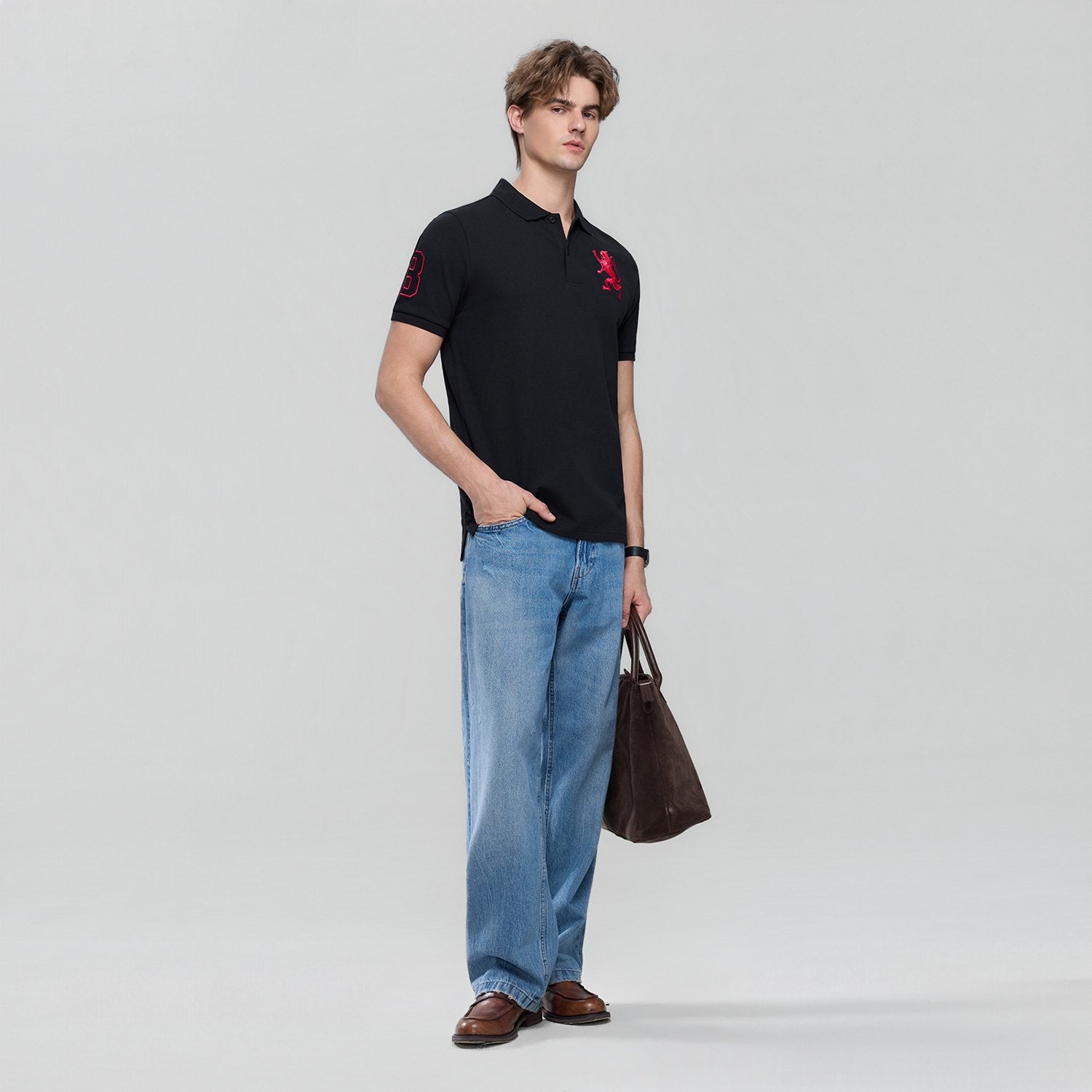 Men's Slim Fit 3D Lion Embroidery Lycra Pique Polo - Image 1