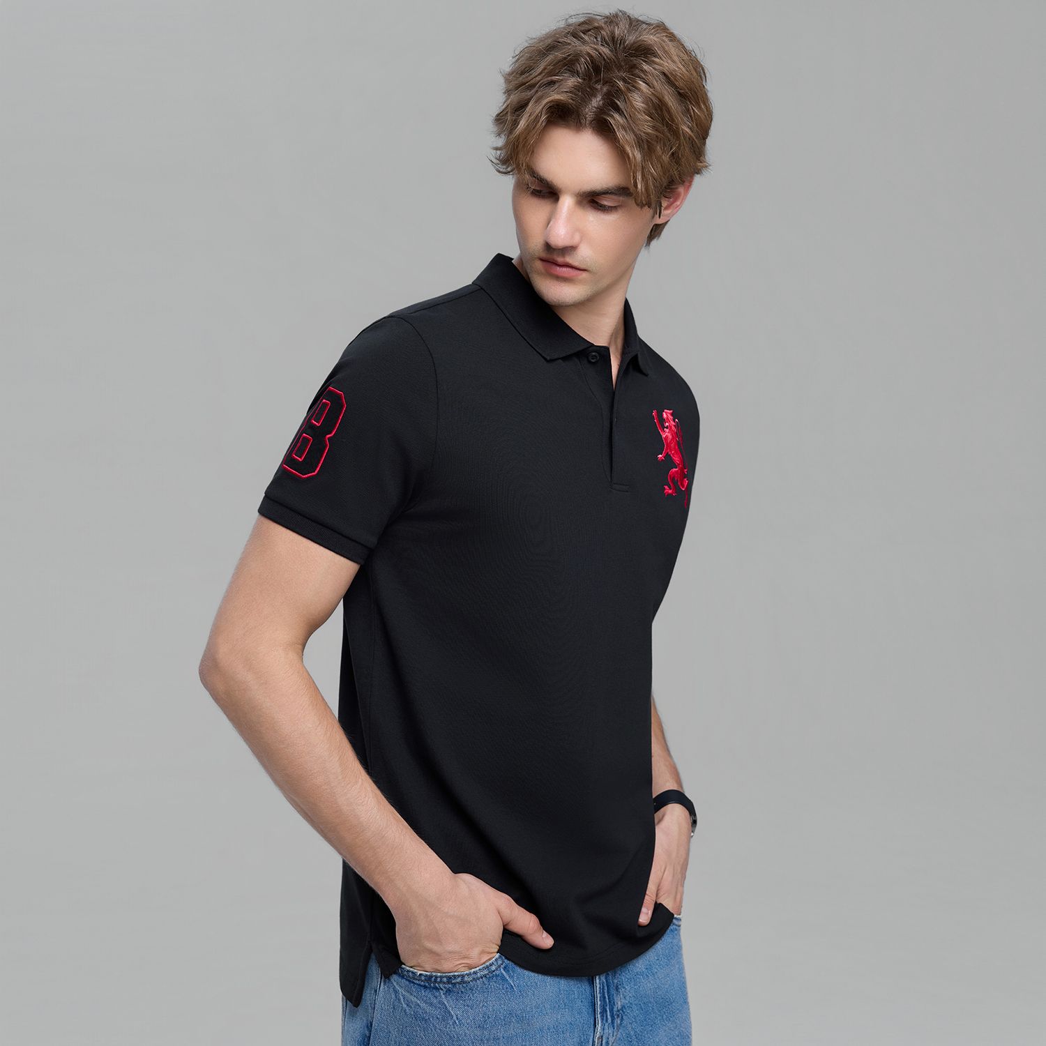 Men's Slim Fit 3D Lion Embroidery Lycra Pique Polo - Image 2