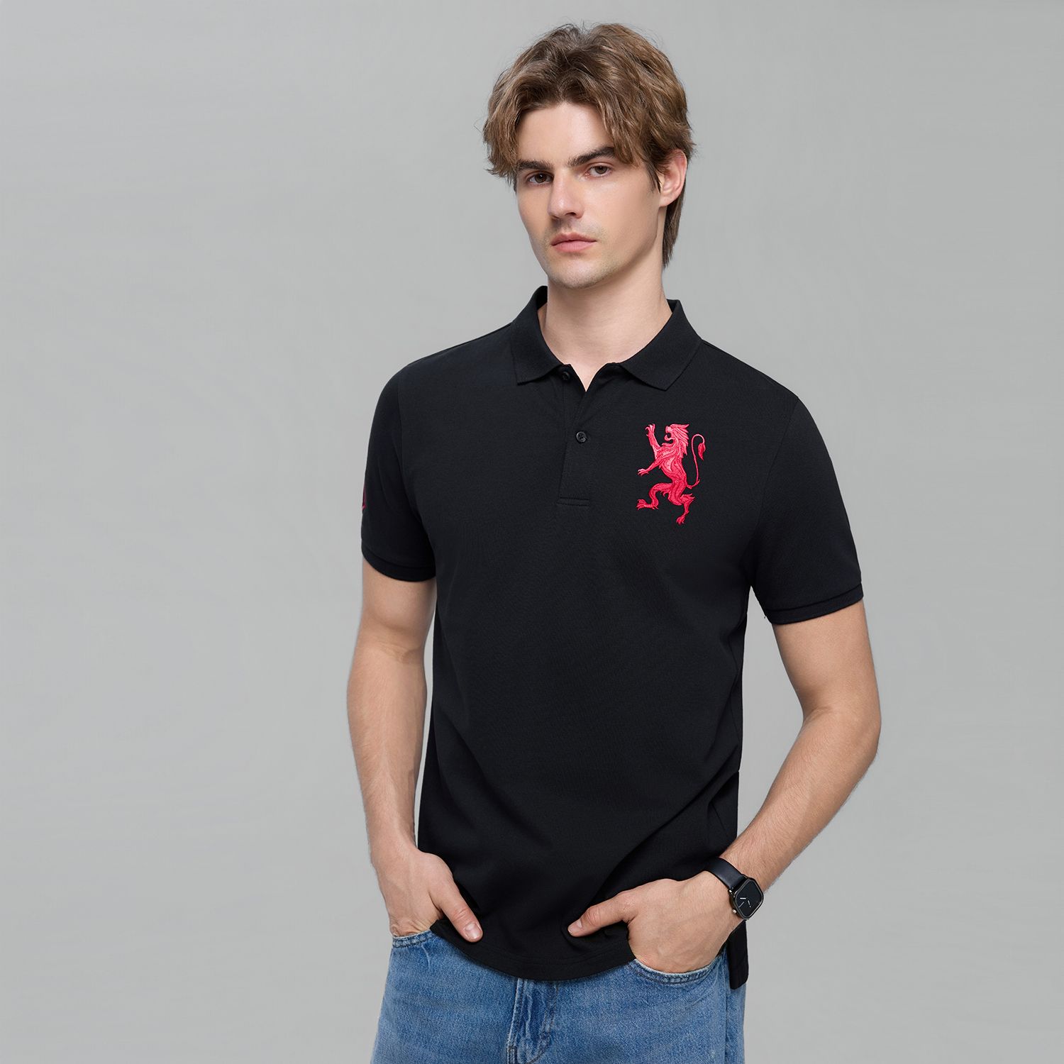 Men's Slim Fit 3D Lion Embroidery Lycra Pique Polo - Image 3