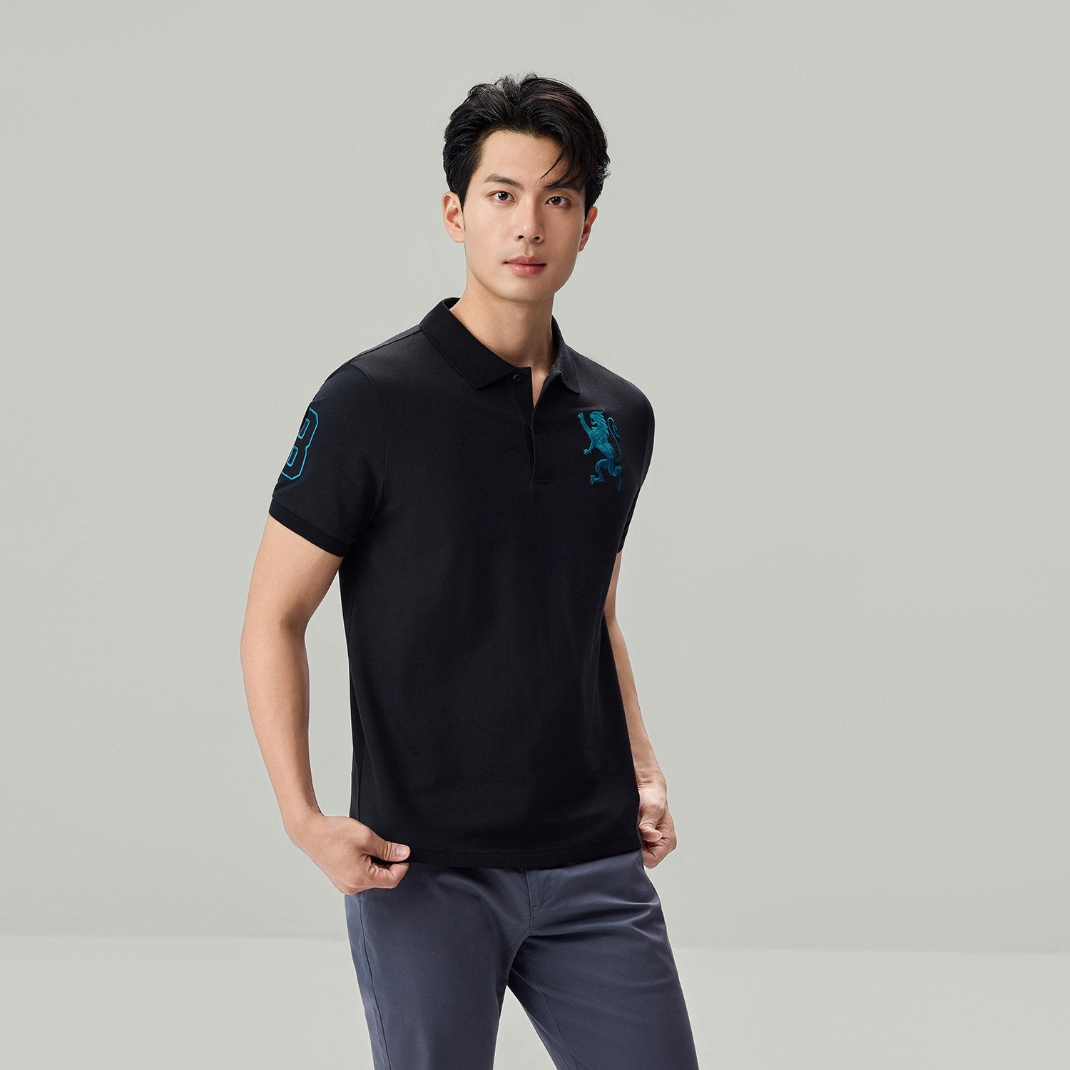 Men's Slim Fit 3D Lion Embroidery Lycra Pique Polo - Image 2