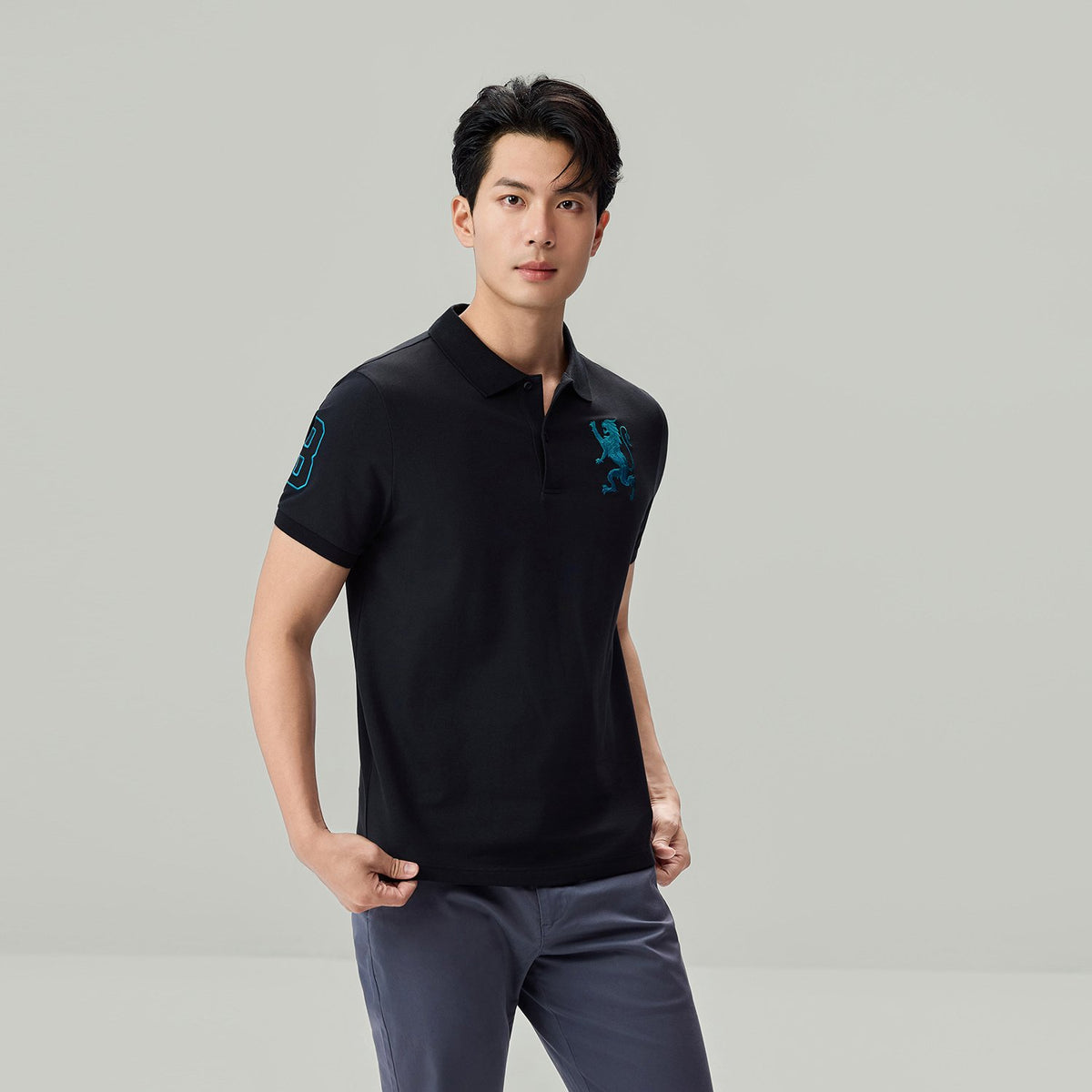 Men's Slim Fit 3D Lion Embroidery Lycra Pique Polo - Image 2