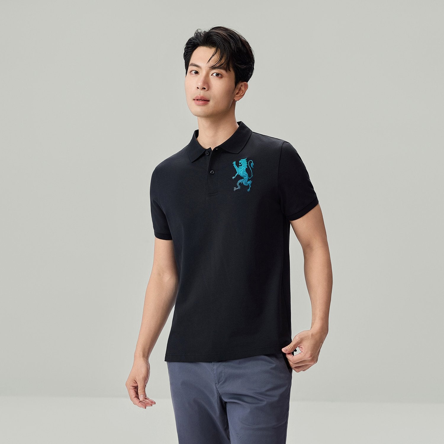 Men's Slim Fit 3D Lion Embroidery Lycra Pique Polo - Image 4