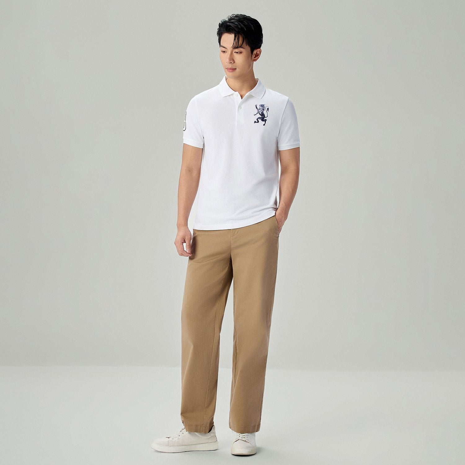 Men's Slim Fit 3D Lion Embroidery Lycra Pique Polo - Image 1